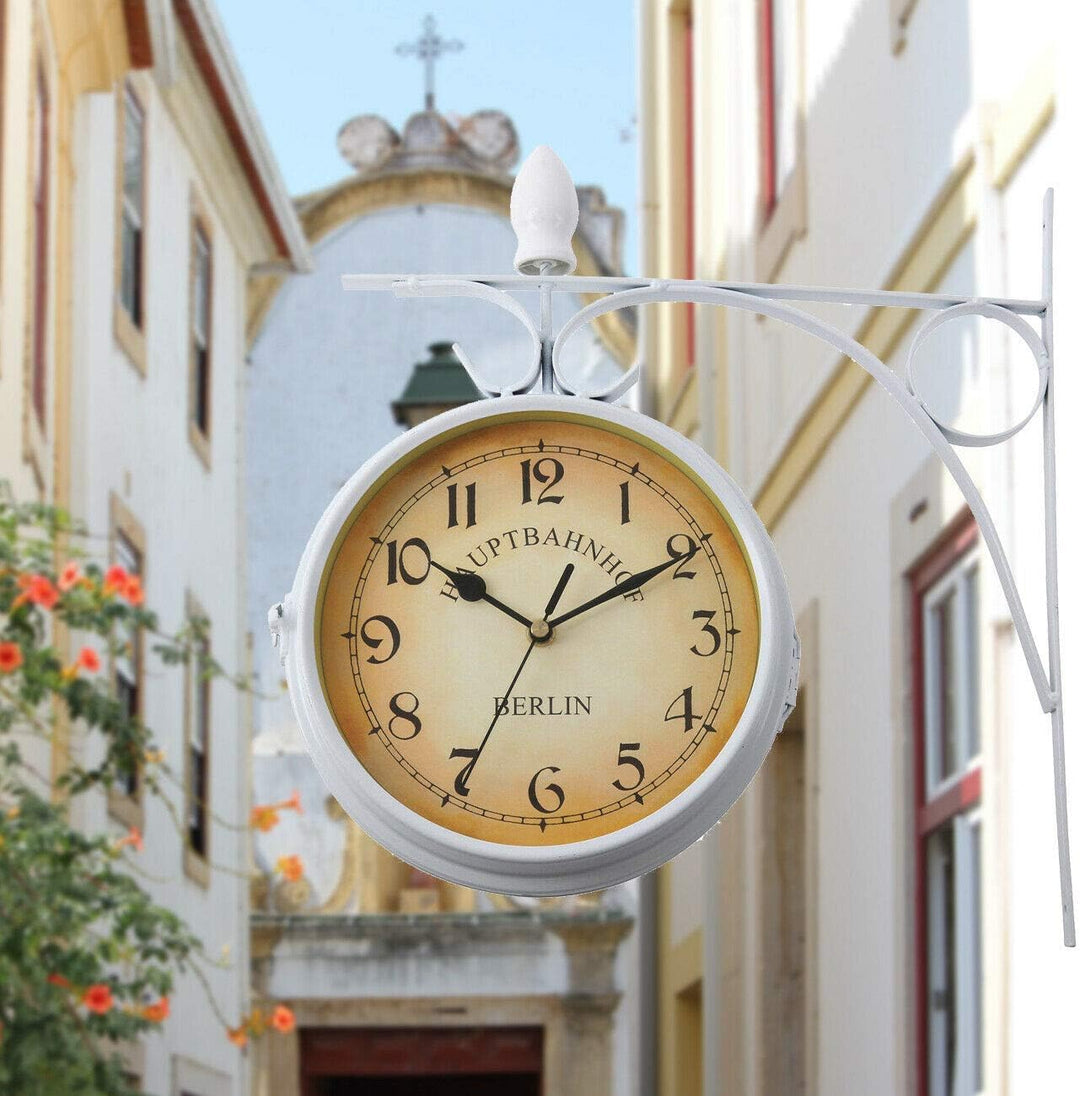 Samger Bahnhofsuhr Doppelseitig Wanduhr Garten Uhr Bahnhof mit Halterung, Retro Vintage-Stil, 29CM,
