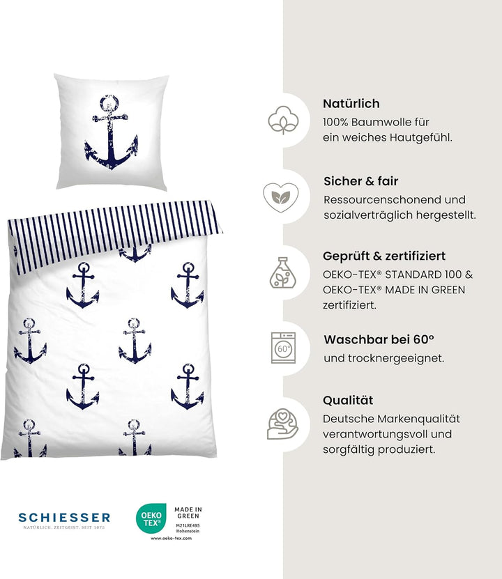 Schiesser Wende-Bettwäsche-Set Marina aus weicher Baumwolle in maritimem Look, Farbe:Weiss und Marin