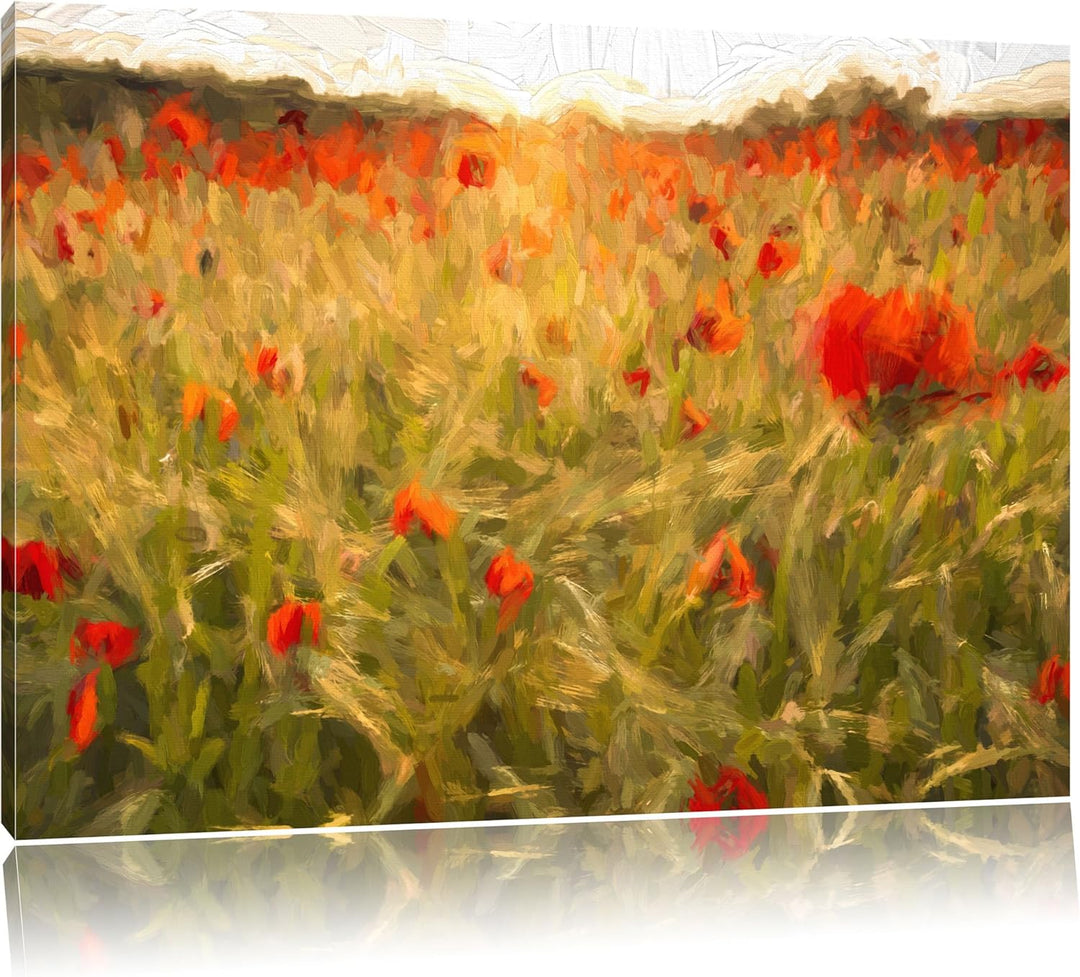 Pixxprint Mohnfeld bei Sonnenuntergang als Leinwandbild/Grösse: 100x70 cm/Wandbild/Kunstdruck/fertig