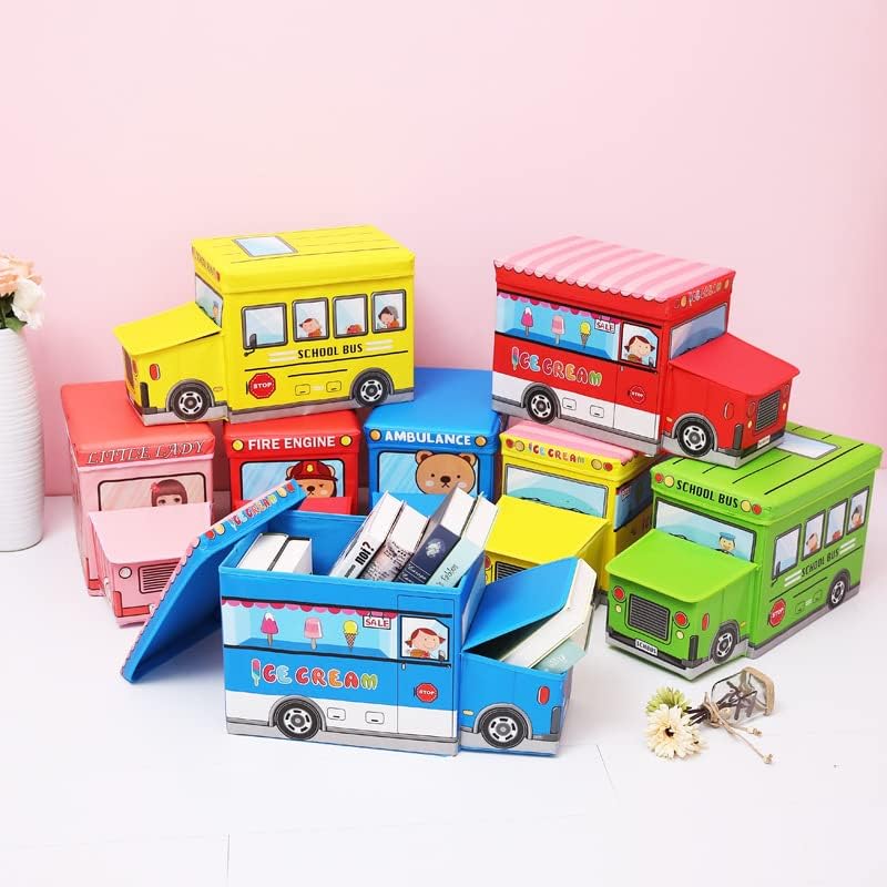 RHP Sitzbox Sitzhocker Kinder, Staubox mit Deckel, Spielzeug, faltbar, Polizei, Schulbus, Eiswagen,