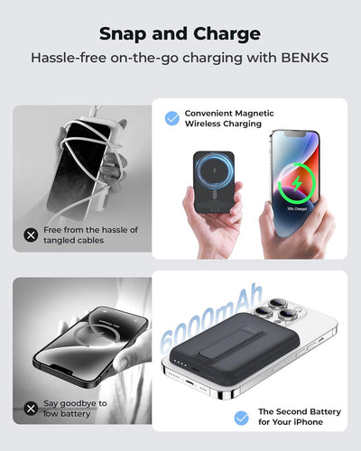 BENKS Magsafe Powerbank 6000mAh, Magnetische Kabellose Powerbank mit Faltbarem Ständer, Mini Power B