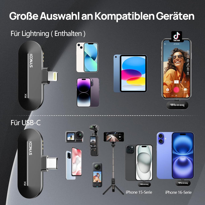 SYNCO Kabelloses Lavalier Mikrofon für iPhone, P1SL 2.4GHz Mikrofone Handy für iPad mit Ladekoffer 【