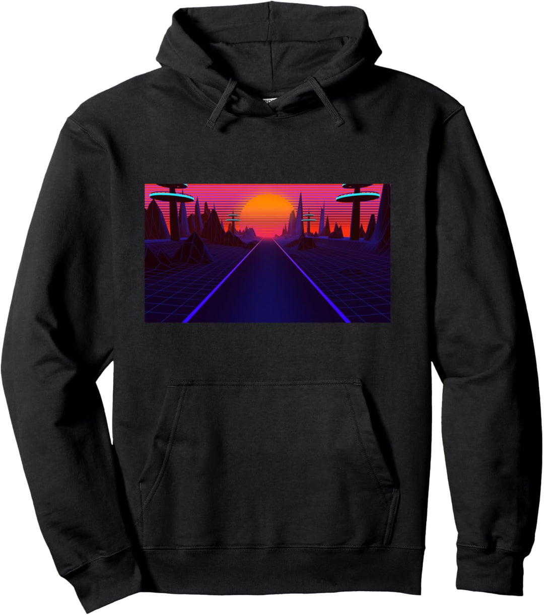 Retro Sunset Orange Skyscrapers with Purple Pink and Black Pullover Hoodie