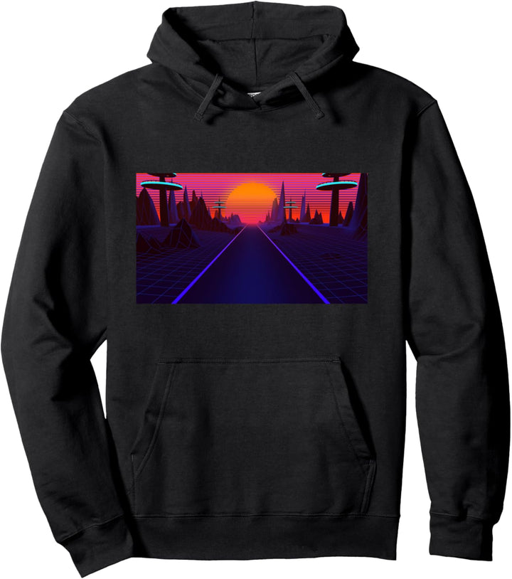Retro Sunset Orange Skyscrapers with Purple Pink and Black Pullover Hoodie