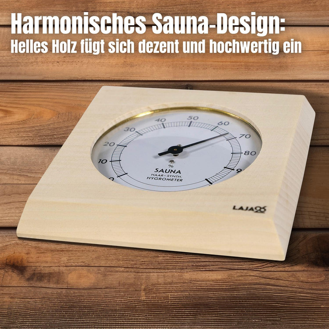 Sauna Hygrometer - FSC Espenholz - Misst Luftfeuchtigkeit - Bimetalltechnik - Synthetik-Haar - Analo