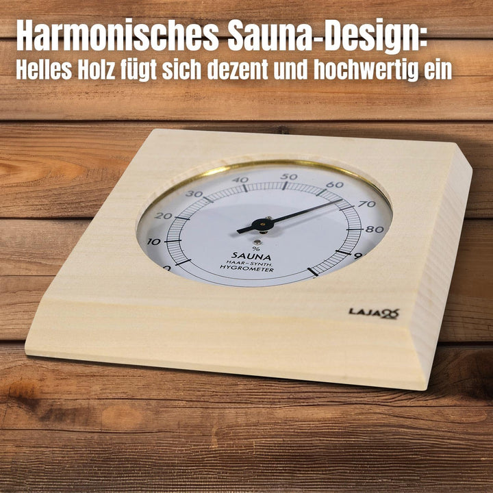 Sauna Hygrometer - FSC Espenholz - Misst Luftfeuchtigkeit - Bimetalltechnik - Synthetik-Haar - Analo