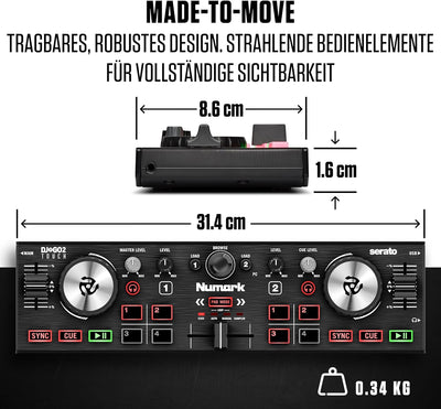 Numark DJ Mini Paket - DJ2GO2 Touch Mini DJ Controller mit 2-Deck USB DJ Pult, Audio Interface, kapa