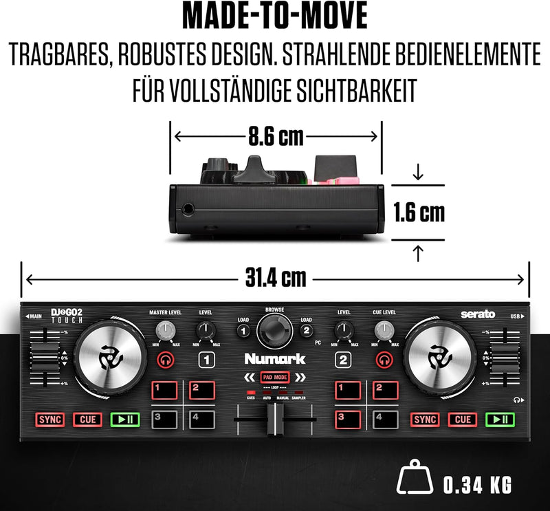 Numark DJ Mini Paket - DJ2GO2 Touch Mini DJ Controller mit 2-Deck USB DJ Pult, Audio Interface, kapa