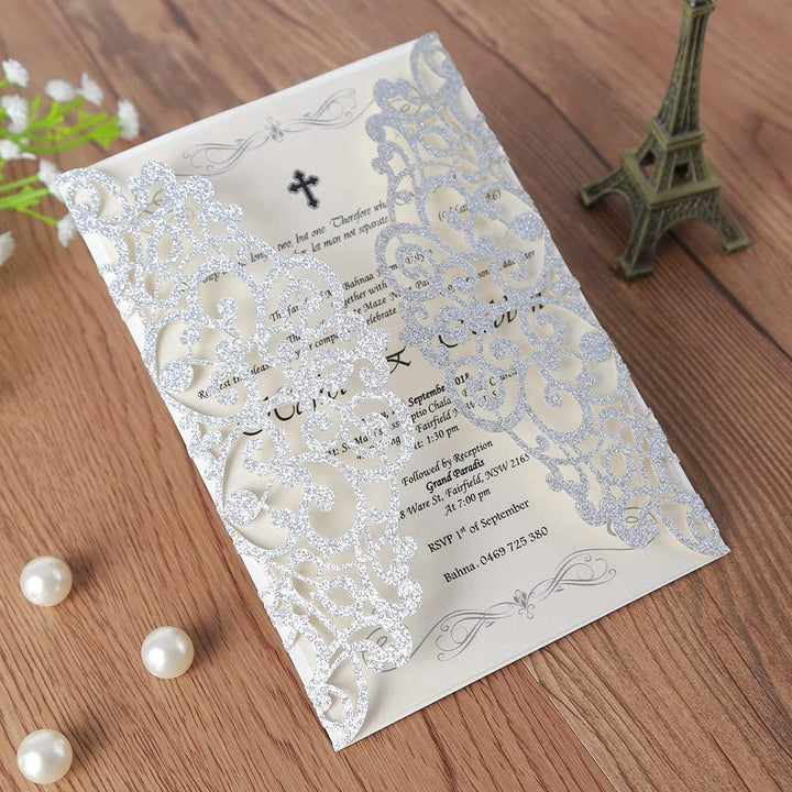 Hosmsua 50x lasergeschnittene Hochzeitseinladungskarten mit Schleife und Umschlägen für Brautparty,