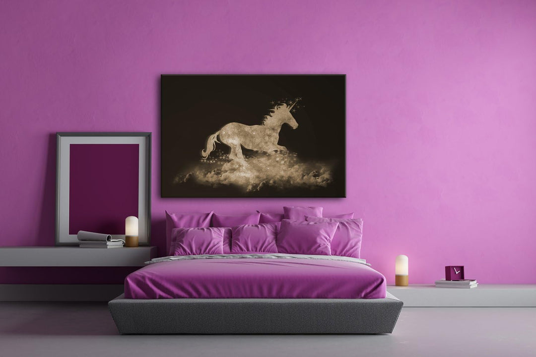 Einhorn galoppiert über den Wolken Format: 80x60 Effekt: Sepia als Leinwand, Motiv fertig gerahmt au
