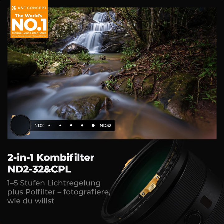 K&F CONCEPT ND2-32&Polfilter (CPL) 52mm 2-in-1 Multifunktionsfilter (Nano-Xcel Pro Serie), 52mm