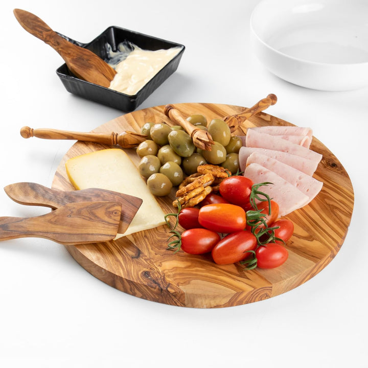 Handgefertigtes rundes Paddelbrett aus Olivenholz – gestreiftes Servierbrett für Käse, Brot und Vors