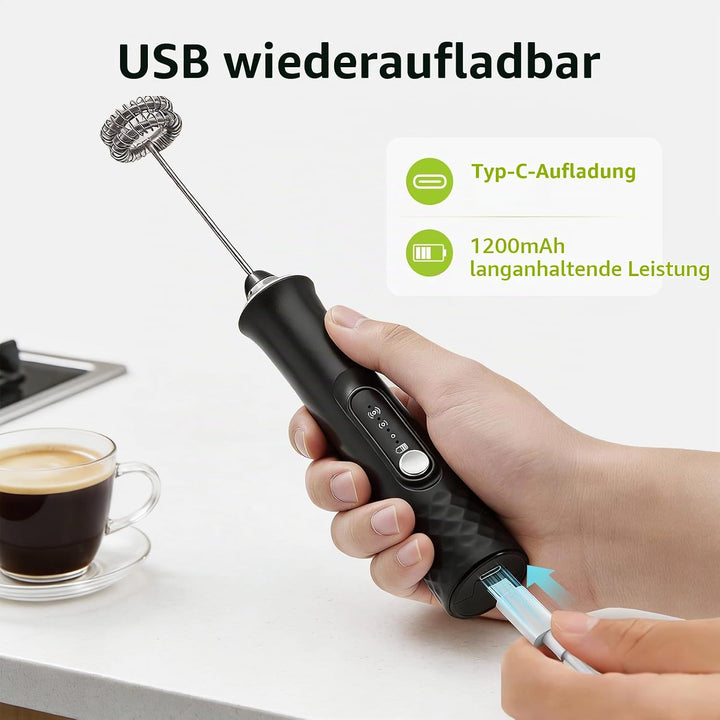 Milchaufschäumer Elektrisch Stab, USB Wiederaufladbar Milchschäumer mit 3 Abnehmbarer Edelstahl-Sch