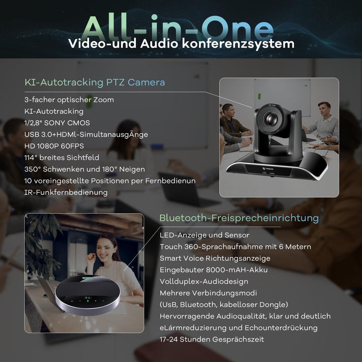TONGVEO All-in-1 Konferenzraum-Kamera-System Und Bluetooth-Mikrofon Kombination,1080P 60fps 3-Fach o