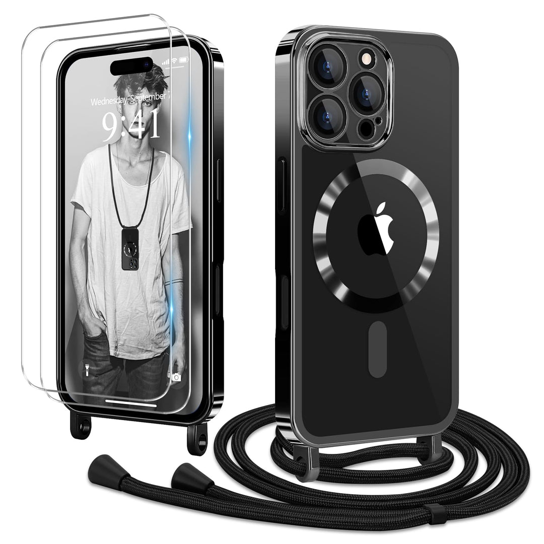 Handyband für iPhone 16 Pro Max Hülle mit Band + 2 Stück Glas Schutzfolie Transparent Silikon Handyh