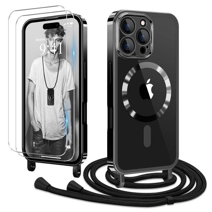 Handyband für iPhone 16 Pro Max Hülle mit Band + 2 Stück Glas Schutzfolie Transparent Silikon Handyh