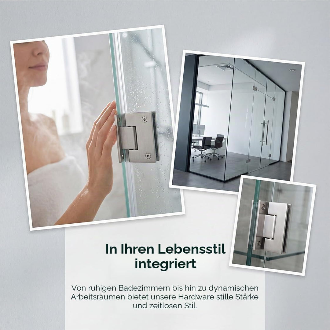 Zwei 90° öffnende Glasclips, 8-12mm, Edelstahl, Wandmontage, rahmenlos, Glasmontage, Duschtürscharni