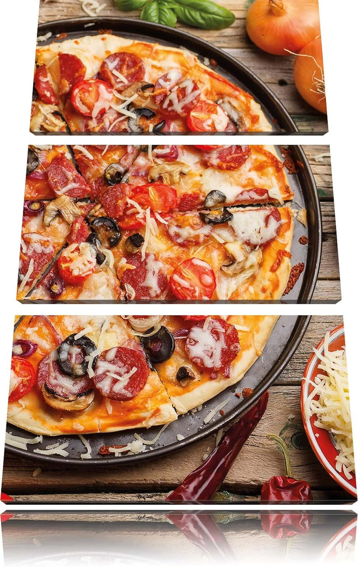 Pixxprint Leckere Pizza auf Holztisch / 3-Teilig/Gesamtmass 120cm Leinwandbild bespannt auf Holzrahm