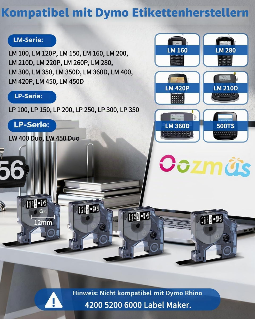 Oozmas Schriftband kompatibel mit Dymo D1 Weiss auf Schwarz 45021 12mm x 7m, Etikettenband kompatibe