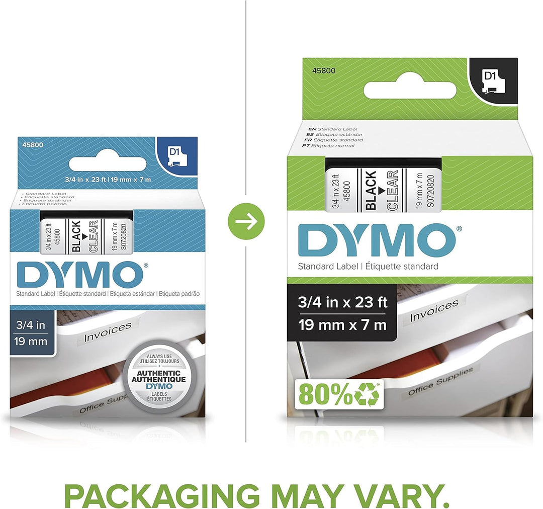 DYMO Authentic D1 45800 Etikettenband (schwarzer Druck auf transparentem Klebeband, 1,9 cm B x 6,9 c