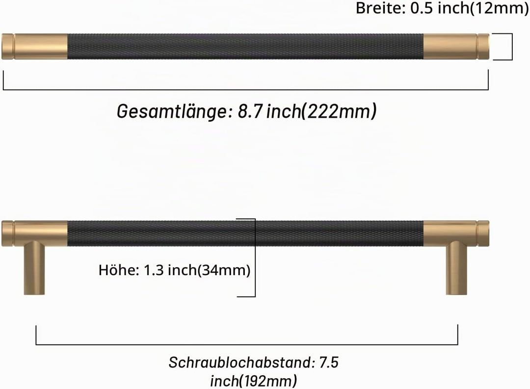 Amerdeco 10 Stück Mattes Schwarz-Gold Schrankgriffe 192mm Lochabstand, Aluminium Griffe für Küchensc