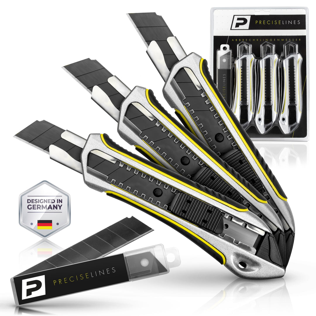 Precise Lines [3er Set] Profi Cuttermesser 18mm | Heavy-Duty-Gehäuse mit versenktem Schieberegler un
