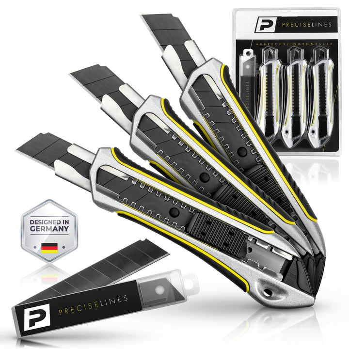 Precise Lines [3er Set] Profi Cuttermesser 18mm | Heavy-Duty-Gehäuse mit versenktem Schieberegler un