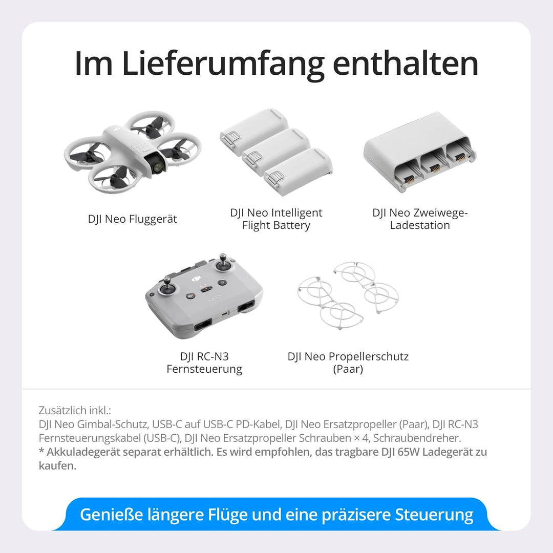 DJI Neo Fly More Combo, Mini drohne mit 4K UHD-Kamera, selbstfliegende Drohne die dir folgt, Handsta