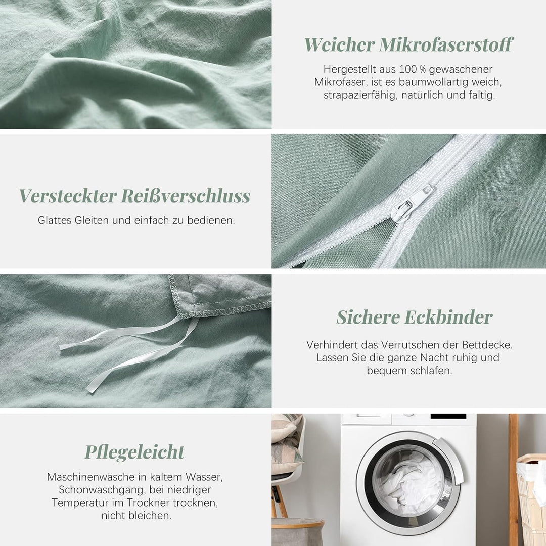 MILDLY Bettwäsche 200x220 Salbeigrün 3 Teilig, 100% Microfaser Einfarbig Bettwäsche-Set mit 2 Kissen