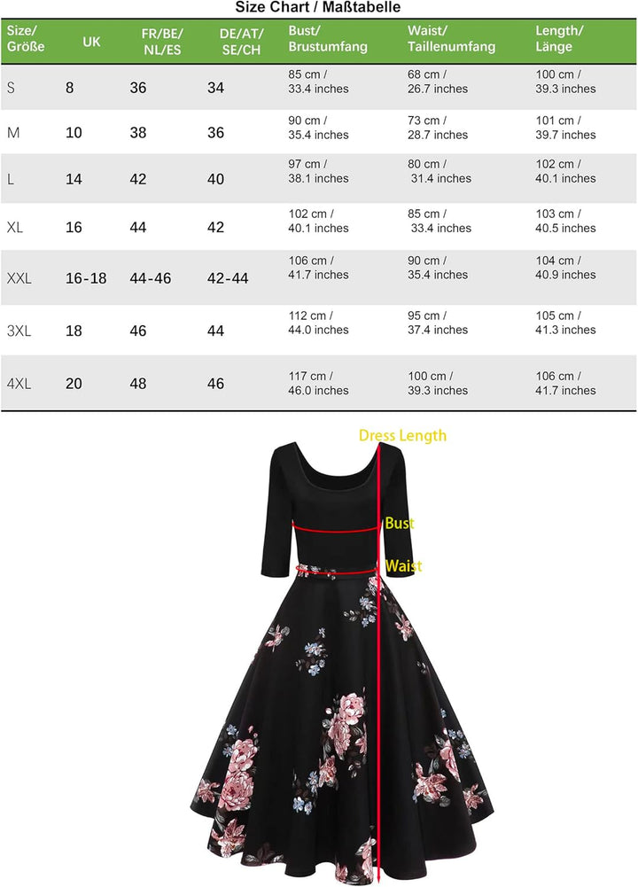 AXOE Damen A-Linie Kleid 60er Jahre Rockabilly 3/4 Ärmel Farbe 4 M, Farbe 4 M