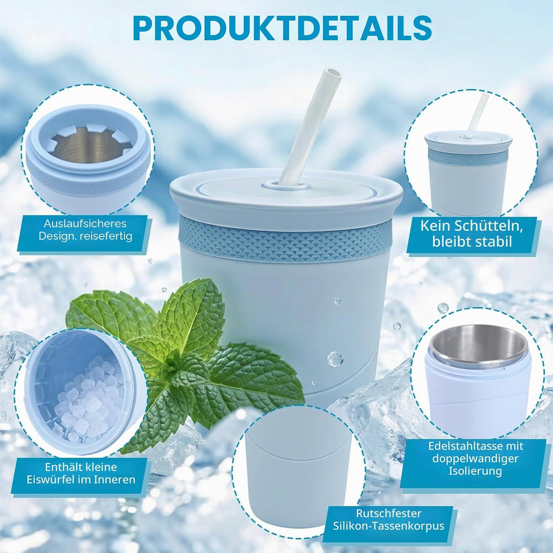 Eiswürfelflasche mit Edelstahlbecher &amp; Deckel – Doppelwandiger Isolierbecher, 2-in-1 Trinkhalm, BPA-