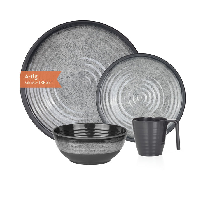 Camping Geschirr Set 1 Person 4-teilig | Melamin | Picknick Geschirrset | Campinggeschirr Stone Grey
