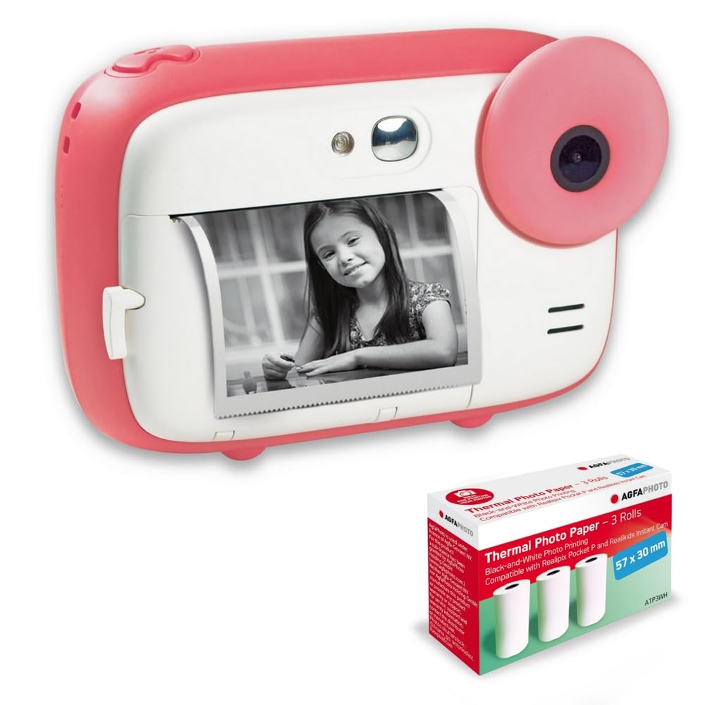 AGFA Photo Realikids Instant Cam + 3 Rollen Thermopapier, ATP3WH – Sofortbildkamera für Kinder, LCD-