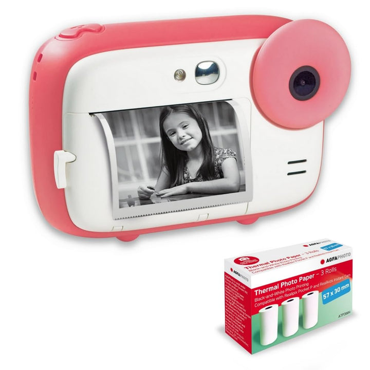 AGFA Photo Realikids Instant Cam + 3 Rollen Thermopapier, ATP3WH – Sofortbildkamera für Kinder, LCD-