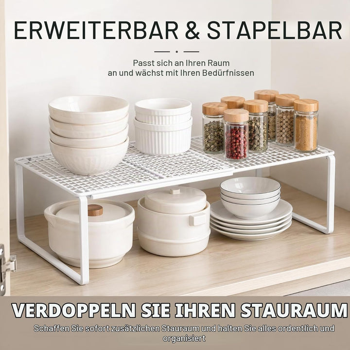 Erweiterbares Schrankregal Weiss, Stapelbares Organizer Regal mit Metalltrennwänden und Ausziehböden