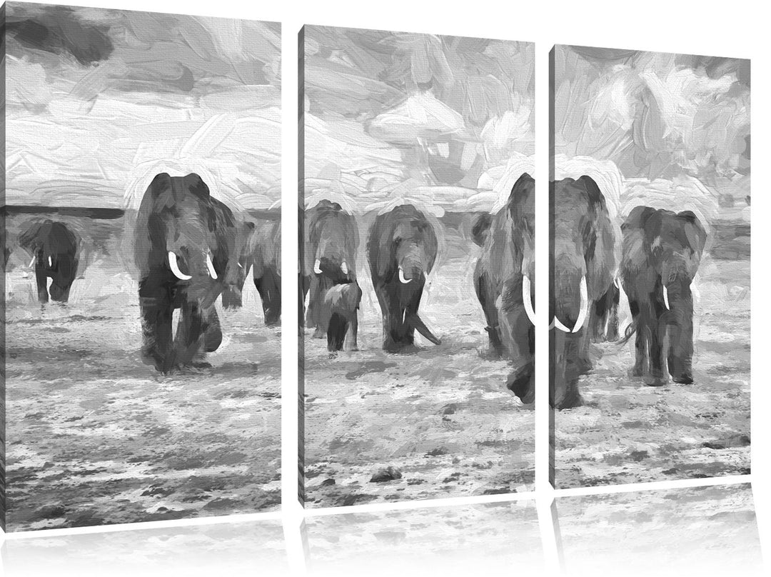 Pixxprint Elefanten Familie in der Savanne als Leinwandbild/Grösse: 3 Teilig (120x80) cm/Wandbild/Ku