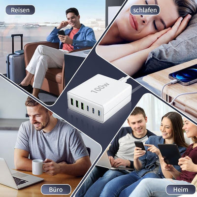 FINIBO USB C Ladegerät Mehrfach: 100W 6-Port Schnellladegerät mit USB-C und USB-A, Tragbarer USB C W