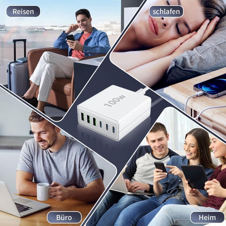 FINIBO USB C Ladegerät Mehrfach: 100W 6-Port Schnellladegerät mit USB-C und USB-A, Tragbarer USB C W