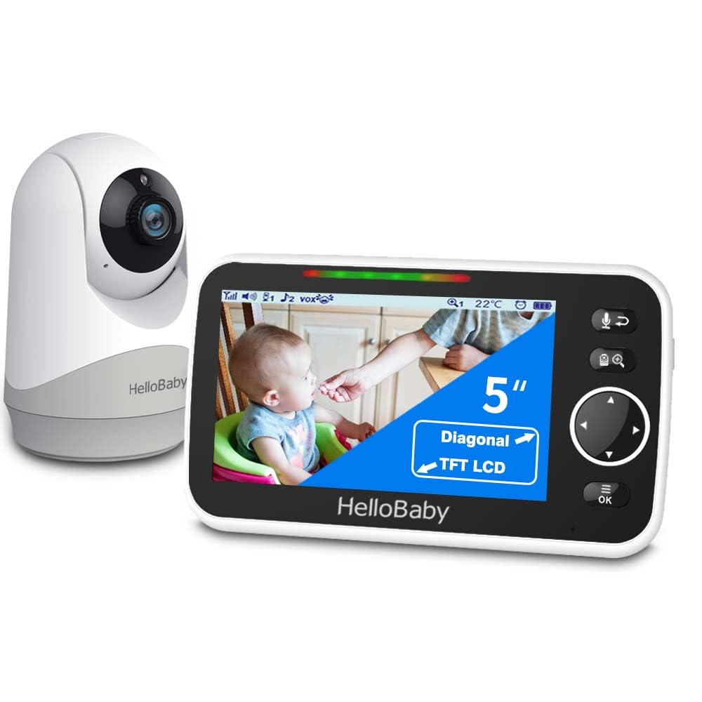 HelloBaby Monitor mit Kamera und Audio, 12,7 cm (5 Zoll) grosser Bildschirm mit 3500 mAh Akku, Ferns
