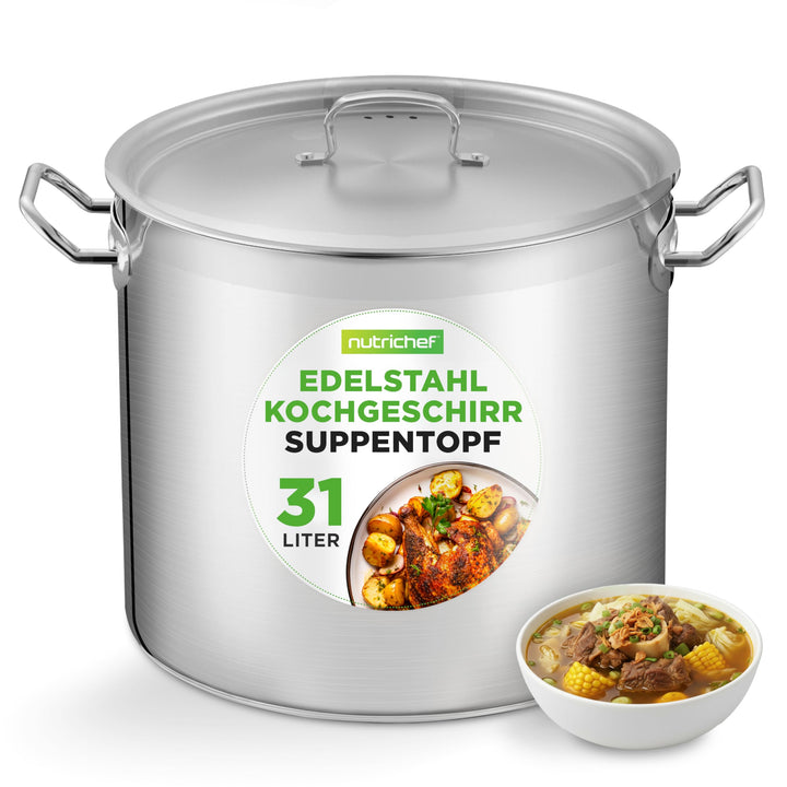 NutriChef Edelstahl Kochtopf 33,1L Induktion – Suppentopf mit Deckel, Profiqualität für Gastronomie