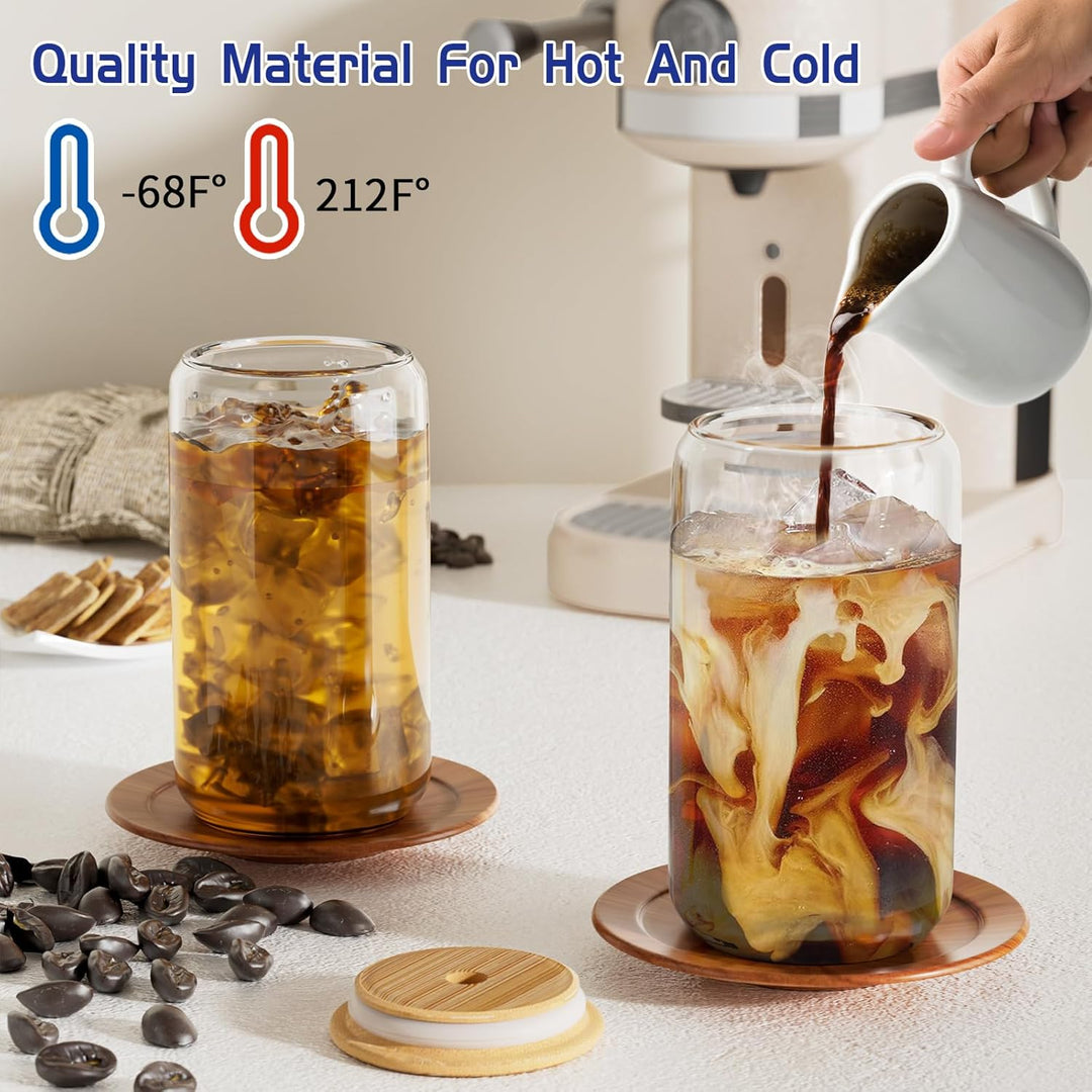 FINEW Gläser mit Deckel und Strohhalm 4 Stück, 16oz/450ml Eiskaffee Gläser, Cocktailgläser, Iced Cof