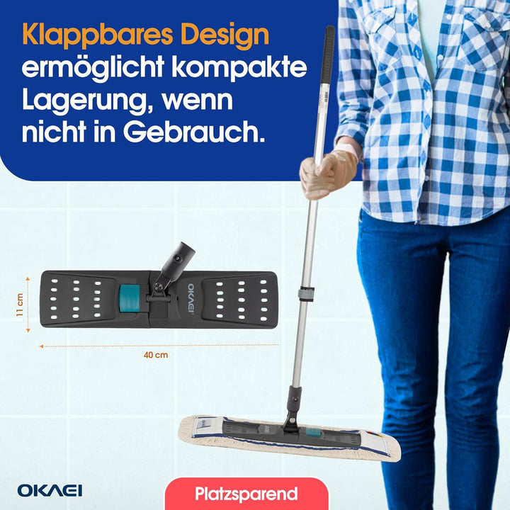 OKAEI Mophalter 40 cm + Alu Teleskopstiel 80–145 cm – Set – Profi Bodenwischer-System mit 360° Drehk