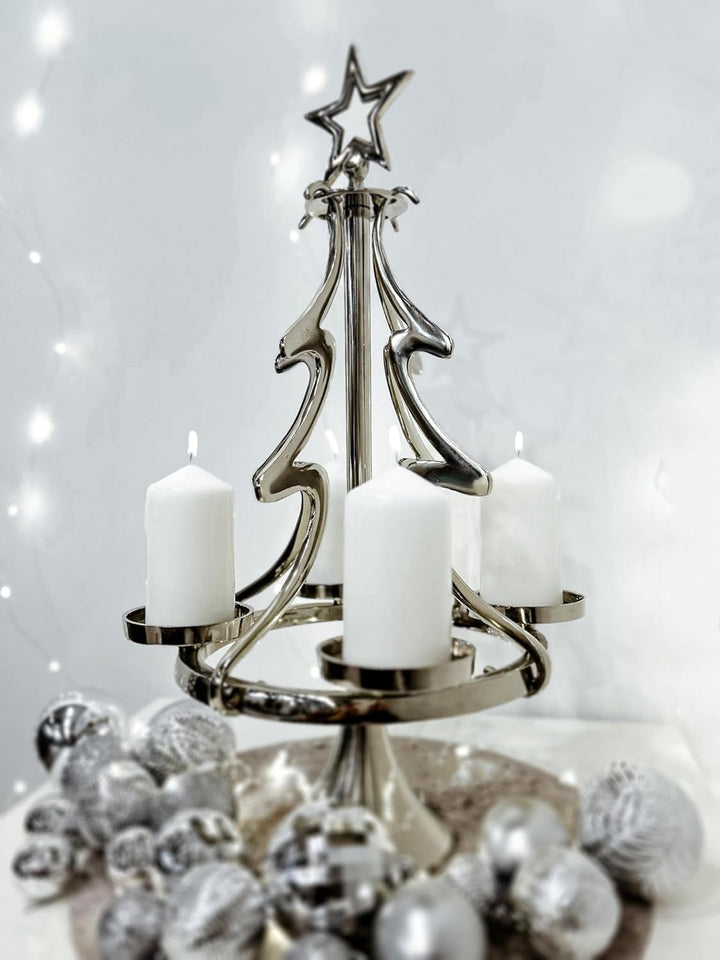 Kobolo Kerzenleuchter Kerzenhalter Weihnachtsbaum aus Metall - Weihnachten - 4 Kerzen Xmastree Silbe