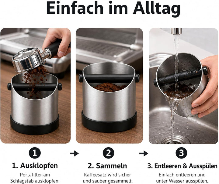 URMONA Siebträger-Abklopfbehälter 1,3L Edelstahl Knock Box Kaffeezubehör | Farbvariante Silber, abne