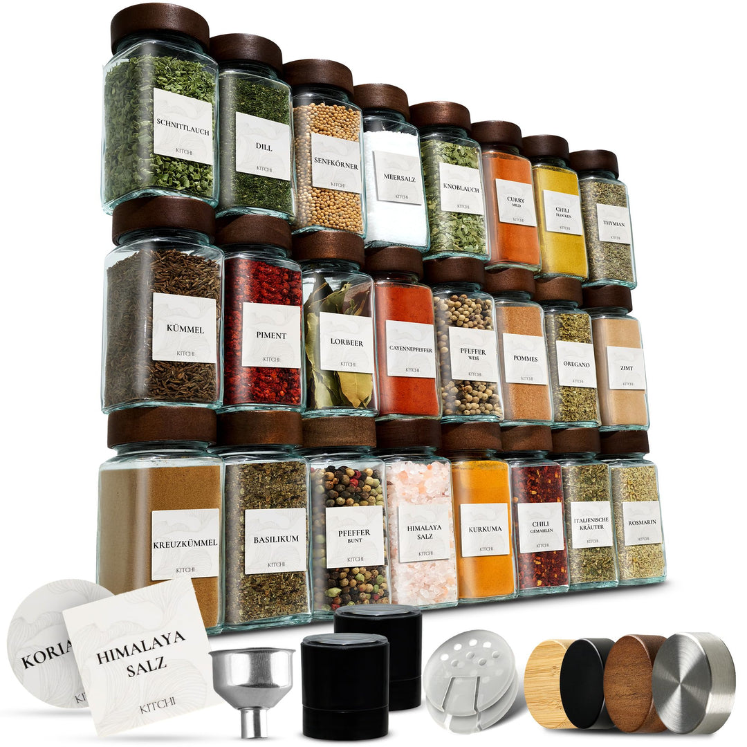 KITCHI Gewürzgläser Eckig Set 24 Stück inkl. 2 Salz- & Pfeffermühlen | Akazie Holzdeckel | Premium G