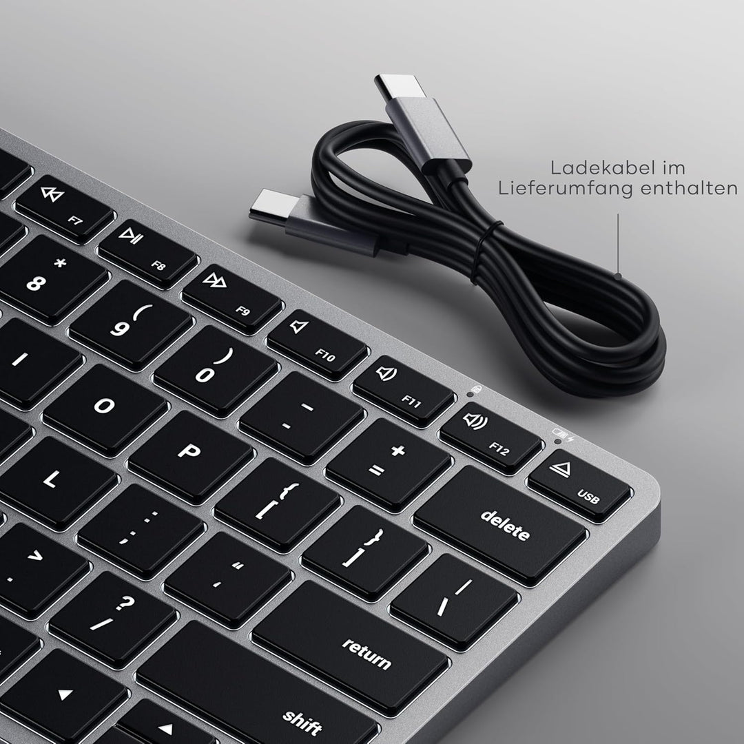 SATECHI Slim X1 Bluetooth Tastatur, 𝗤𝗪𝗘𝗥𝗧𝗬-𝗟𝗮𝘆𝗼𝘂𝘁, Hintergrundbeleuchtung, kompatibel mit vielen Ger