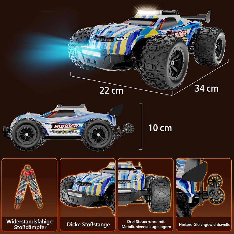 EVARY Ferngesteuertes Auto 1:16 Bürstenloser Motor 60+ km/h, 4WD RC Monstertruck mit Farbiges Licht,