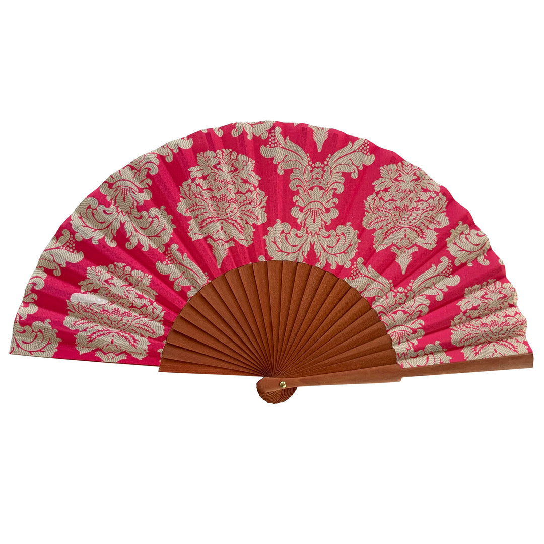 Spanischer Fächer Damast, Fuchsia, Holz und Baumwolle, 23 cm, Etui und Bezug aus Baumwolle, modische