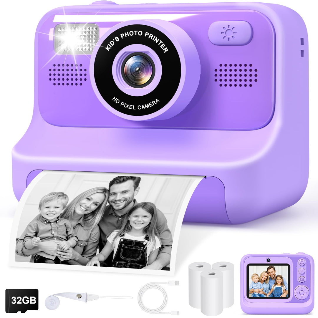 Kinderkamera Sofortbildkamera, 2,4-Zoll Selfie Kamera mit 32GB Karte | 3 Rollen Fotopapier, 1080P Ki