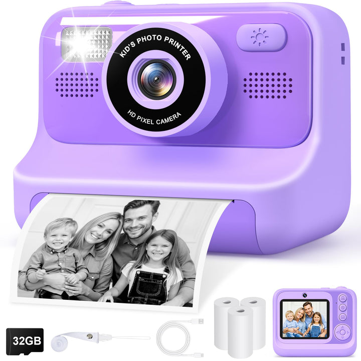 Kinderkamera Sofortbildkamera, 2,4-Zoll Selfie Kamera mit 32GB Karte | 3 Rollen Fotopapier, 1080P Ki